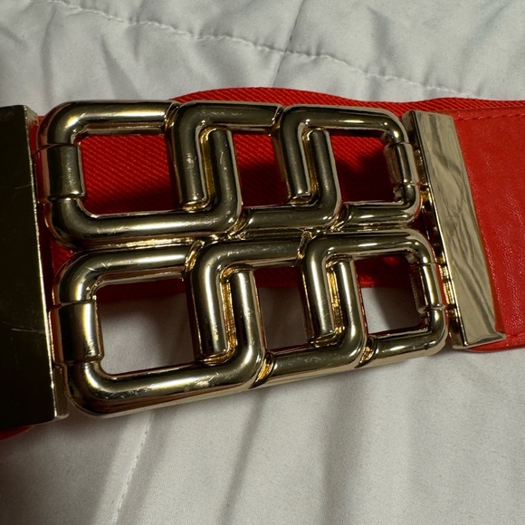 Y2K Gold Geometric Wide Stretch Belt New York & Co Interlock L/XL Orange 90s - Picture 14 of 14